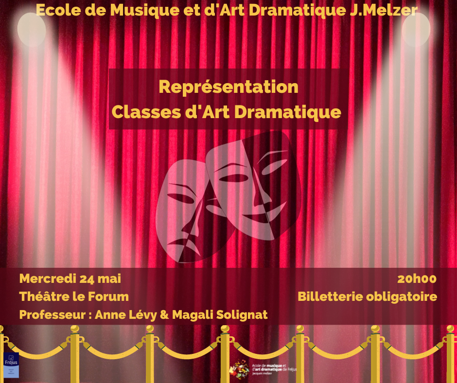 Théâtre, école de musique Jacques Melzer, programmation 2023, masques, rideaux rouges, rouge et or
