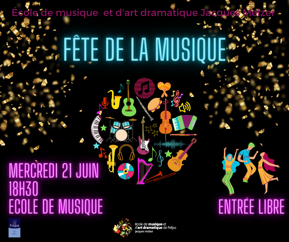 Fond noir paillettes dorées, instruments multicolores en rond, 3 danseurs multicolores, Fête de la Musique 21 juin école de musique et d'art dramatique Jacques Melzer
