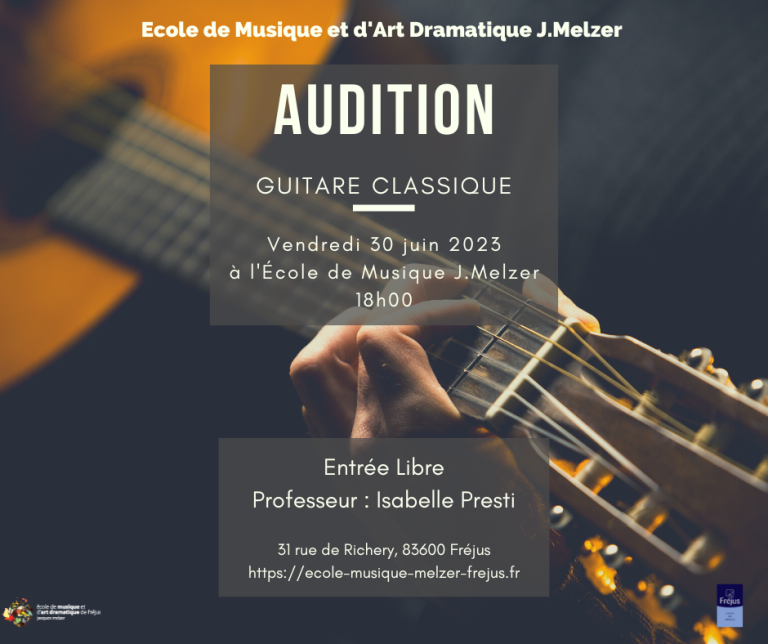 Gros plan guitariste Audition du 30 juin 2023. École de musique Jacques Melzer.