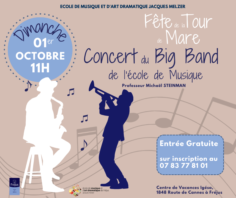 Saxophoniste en découpe blanche et Trombone en bleu marine, fond beige. Concert Big Band école de Musique Jacques Melzer Fréjus