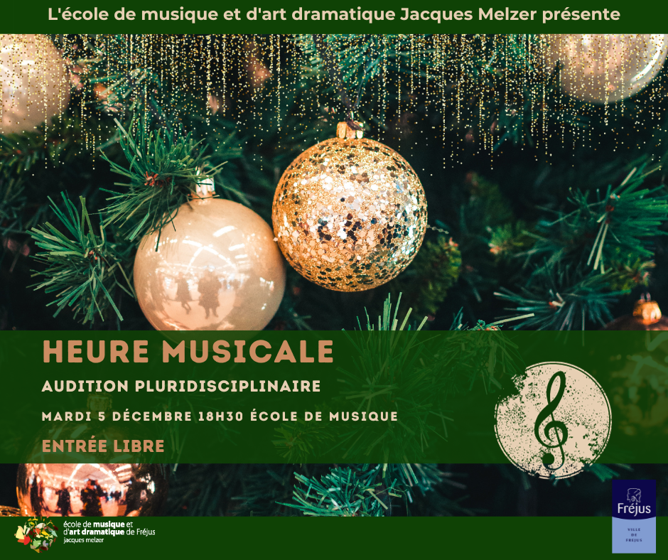 Fond sapin et boules de Noël dorées en gros plan, paillette, Heure Musciale de L'école de Musique Jacques Melzer Fréjus à l'école de musique le 05 décembre 2023 à 18h30. Entrée Libre