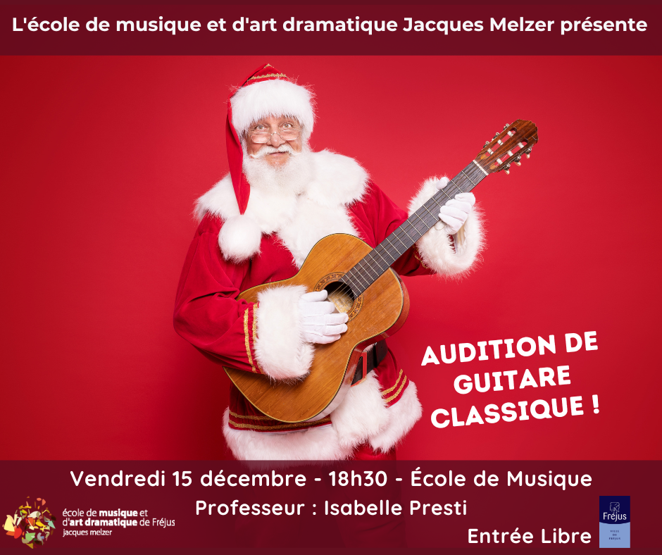 Père Noël guitariste Audition de guitare classique école de musique Jacques Melzer Fréjus Fond rouge dégradé