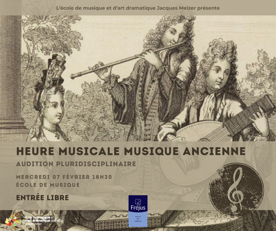 Heure Musicale Musique ancienne, gravure style renaissance, Sepia, Flutiste etc. Ecole de musique et d'Art Dramatique Jacques Melzer