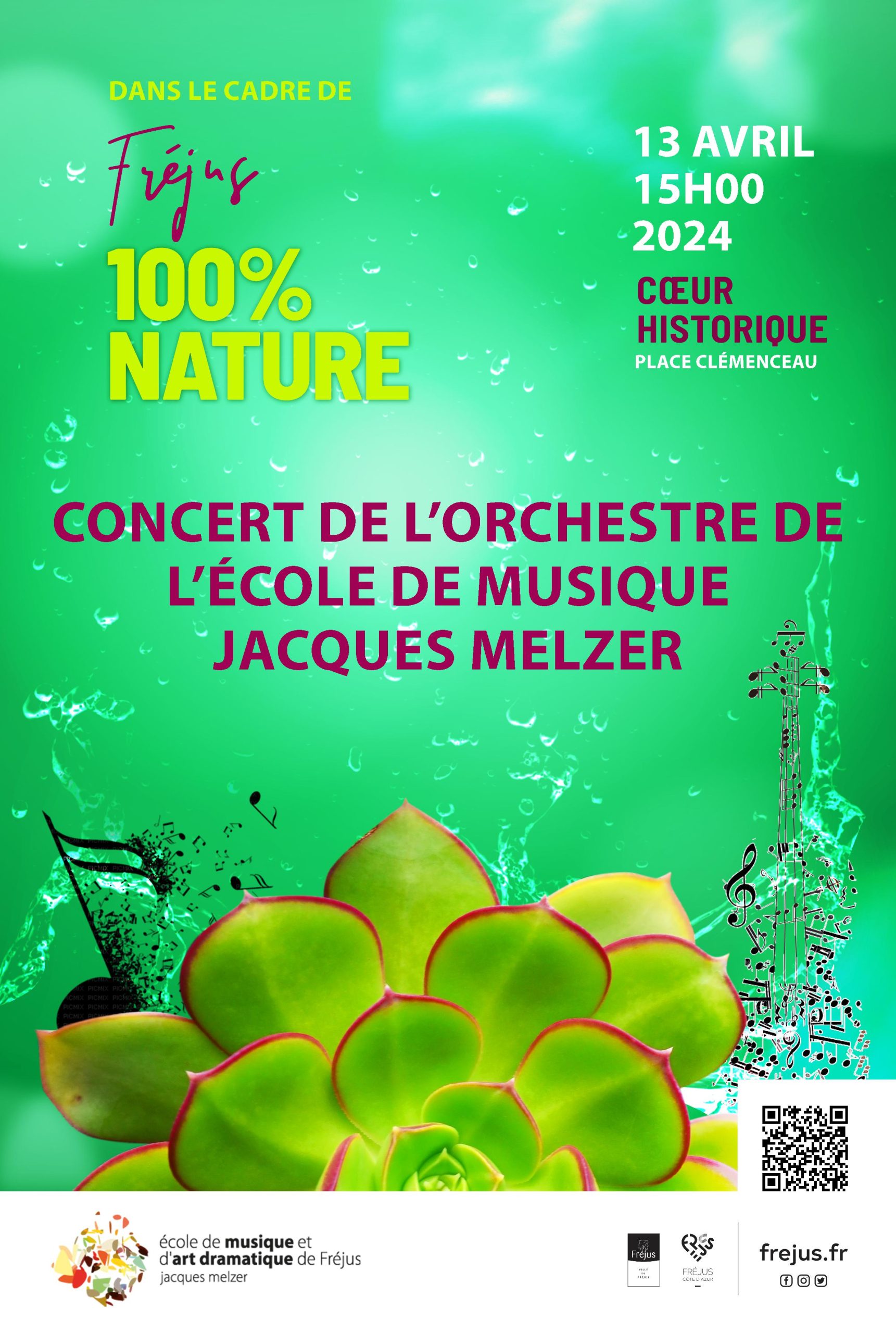 Visuel de l'évènement 100% Nature, fond vert plante succulente. Concert de l'orchestre 13 avril 2024