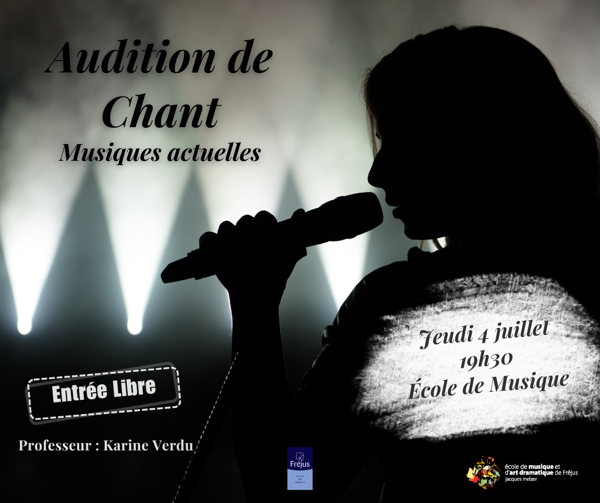 Audition de chant musiques actuelles des élèves de l'école de musique et d'art dramatique Jacques Melzer de Fréjus. Illustration en noir et blanc, ombre d'une chanteuse en noir sur fond de spots blancs. Jeudi 4 juillet 2024 à 19h30 à l'école de musique. 