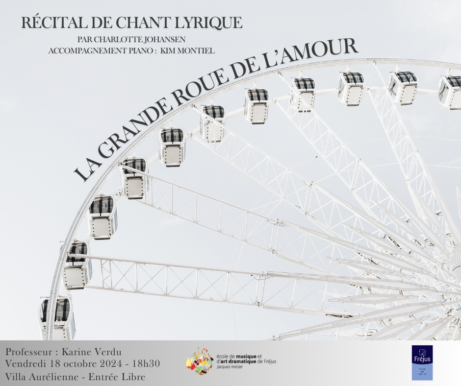 Grande roue blanche sur fond d'un ciel gris clair. Récital de Chant Lyrique "La Grande Roue de l'Amour" vendredi 18 octobre 2024 à 18h30. Professeur de l'école de musique et d'art dramatique Jacques Melzer : Karine Verdu