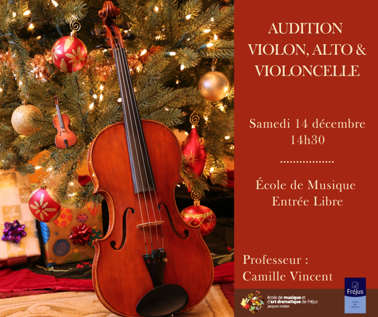 Violon devant un sapin de noël décoré. Tons chauds. Audition de violon, alto et violoncelle le samedi 14 décembre 2024 à 14h30 à l'école de musique et d'art dramatique Jacques Melzer.