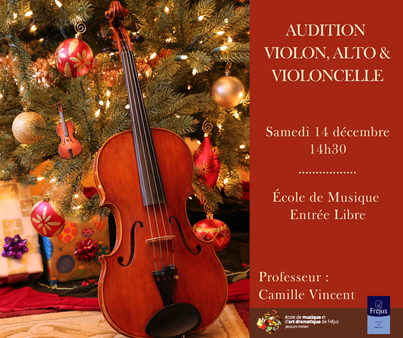 Violon devant un sapin de noël décoré. Tons chauds.
Audition de violon, alto et violoncelle le samedi 14 décembre 2024 à 14h30 à  l'école de musique et d'art dramatique Jacques Melzer. 