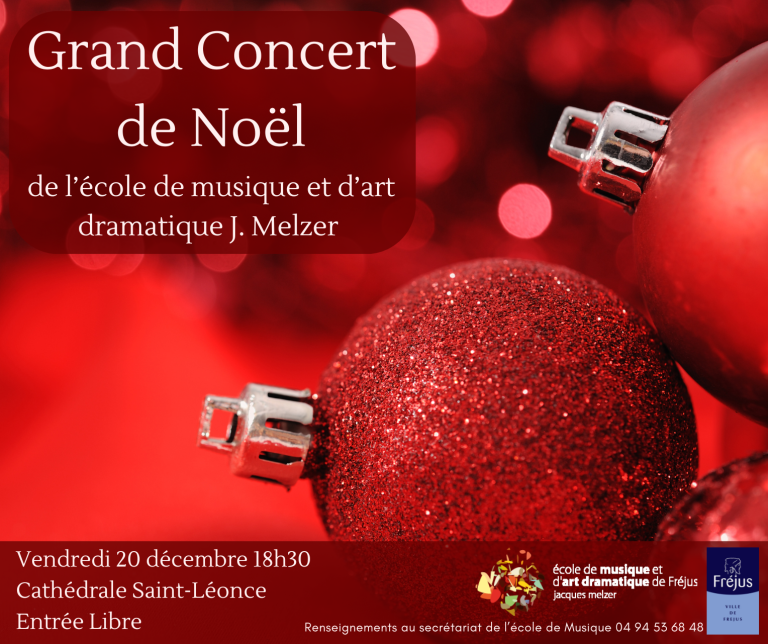 Grand concert de Noël de l'école de Musique et d'art dramatique Jacques Melzer de Fréjus, Fond rouge avec reflets ronds, rouge, bordeaux, rose, boules de Noël Pailletées, brillantes, rouge bordeaux au premier plan. Concert de Noël le vendredi 20 décembre 2024- 18h30 à la Cathédrale Saint-Léonce, en entrée libre.