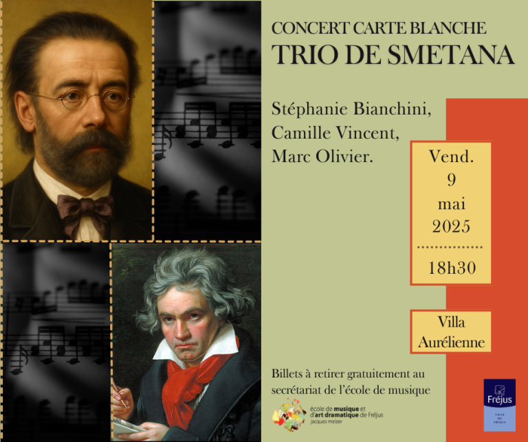 Concert Carte Blanche de l'école de Musique et d'Art Dramatique Jacques Melzer. Affiche couleur vert sauge, portrait de Smetana et Beethoven